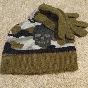 NWT Olive Skull Beanie and Gloves Set